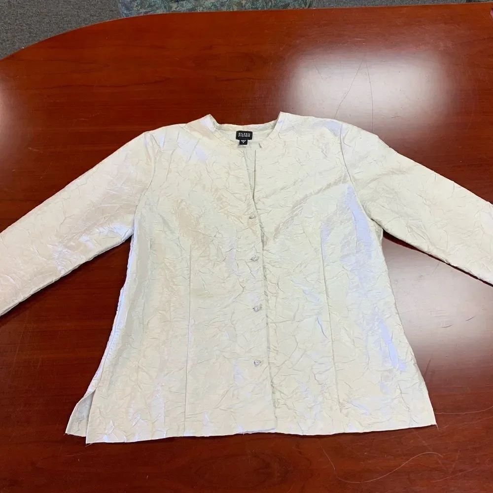 Eileen Fisher Light Gray Crinkle Silk Button Down Jacket sz S